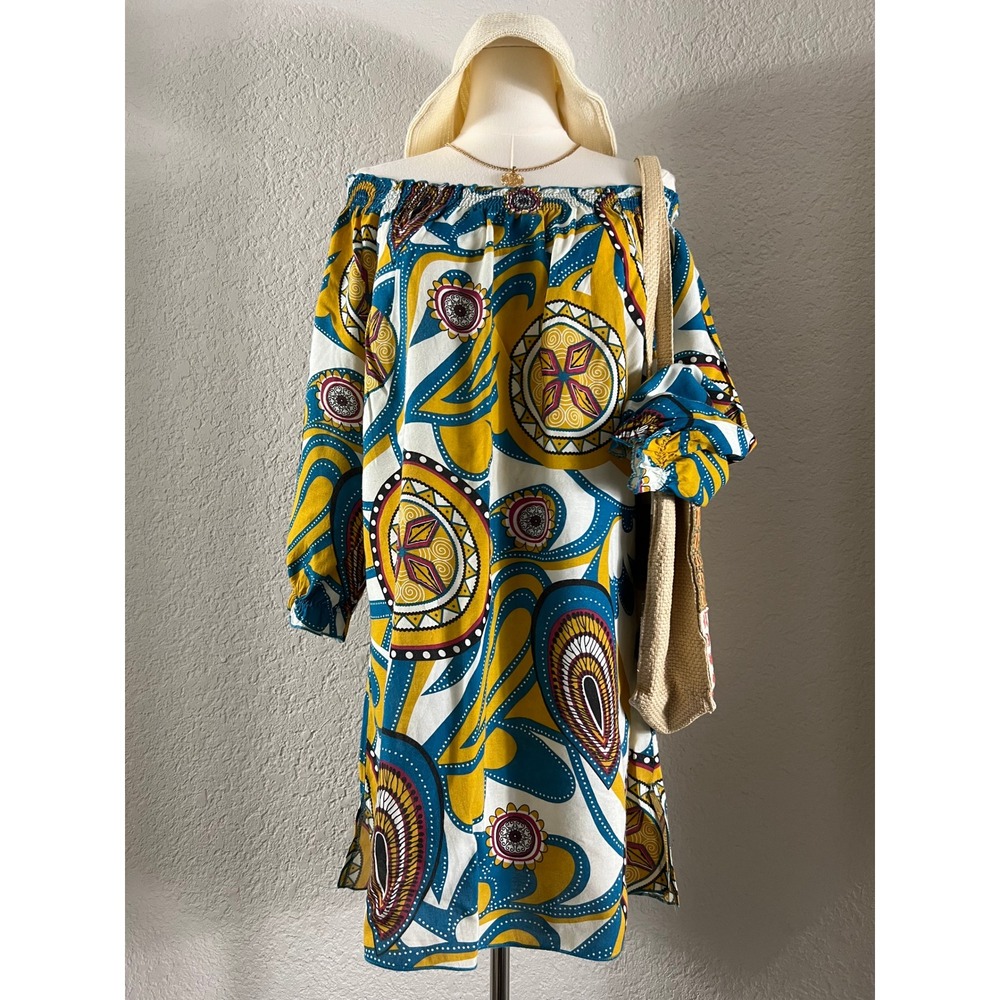 Retro 70s Psychedelic Paisley Off The Shoulder Tunic Shift Mini Dress Caftan